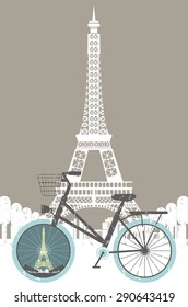 Vector illustration of Eiffel Tower with retro bicycle. Retro image for your print.