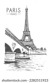 Vector illustration of Eiffel Tower and the river Seine, Paris, France, Europe. Freehand drawing. Sketchy lineart drawing with a pen on paper. Sketch in black color isolated on white background.
