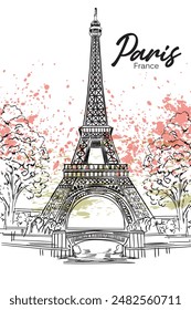 Vector illustration of Eiffel Tower and the river Seine, Paris, France, Europe. Freehand drawing. Sketchy lineart drawing 