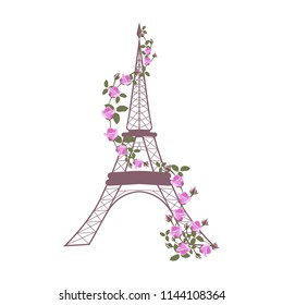 Vector illustration with Eiffel tower and roses on white isolated background. Template for postcard, logo, poster, icon and web design.