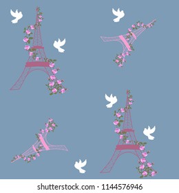 Vector illustration of the Eiffel tower with roses and pigeons. For decorating textiles, packaging, covers.