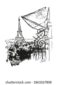 Vector illustration of the Eiffel tower sketch from the balcony. Travel sketch of Paris France, Europe. Liner sketches architecture and flowers of Paris. Freehand drawing. Sketchy line art drawing.