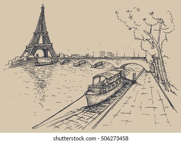 Vector illustration of Eiffel Tower in sketch style, hand drawn illustration.Vector illustration.