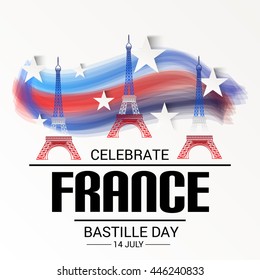 Vector illustration of a Eiffel Tower with stylish text for France Bastille Day.