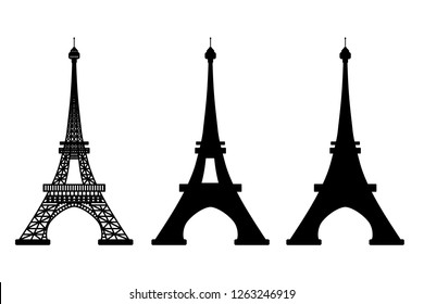 Vector illustration of Eiffel Tower symbol of Paris, France. Set of 3 black silhouettes isolated on white background