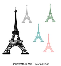 Vector illustration of Eiffel Tower symbol of Paris, France. Set of multicolored silhouettes isolated on white background