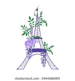 Vector illustration with Eiffel tower and wisteria on white isolated background. Template for postcard, logo, poster, icon and web design.
