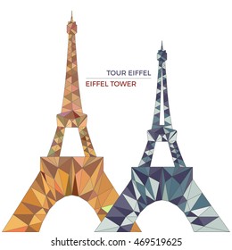 Vector illustration of Eiffel towers in low poly style. Polygonal image in two contrast color groups for postcards, prints or other design. World famous landmark.