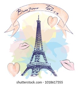 Vector  illustration of Eiffer Tower. Design element for cards, banners, flyers. Hand drawn style.