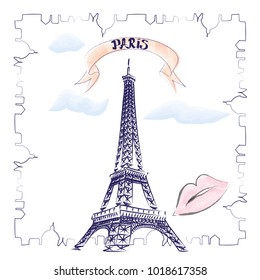 Vector illustration of Eiffer Tower with stylized frame. Design element for cards, banners, flyers. Hand drawn style.