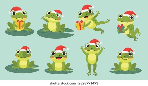 Vector illustration of eight cheerful green cartoon frogs wearing red Santa hats. Characters are shown sitting on lily pads, jumping, and holding wrapped gifts on a light blue background.