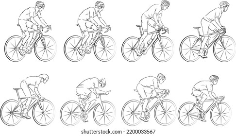 Vector illustration of eight cyclists in different dynamic riding positions on road bikes. White line art on clean white background. Each figure shows varied posture and movement, ideal for sport