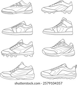 a vector illustration of eight different types of athletic shoes, each with distinct designs and sole patterns, highlighting the variety in sports footwear