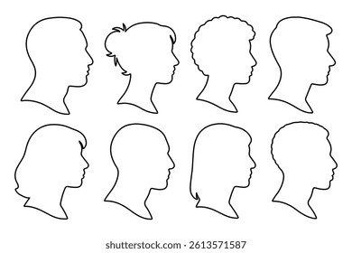 Vector illustration of eight diverse human profile outlines, showcasing different hairstyles and gender, ideal for avatars and design projects. Set of eight  black outline avatars