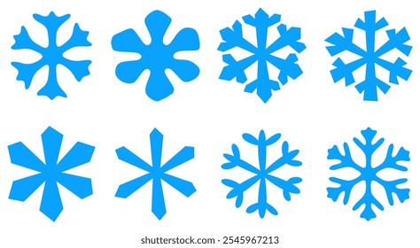 Una Ilustración vectorial de ocho diseños geométricos de copo de nieve azul, ideal para los temas de invierno y vacaciones.