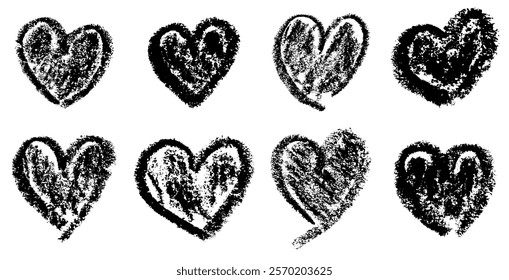 Vector illustration of eight grunge-style black hearts with textured details, ideal for creative and edgy designs.