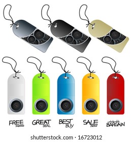 Vector illustration of eight music and party concept retail tags and labels. Hand written text labels included for retail purposes.
