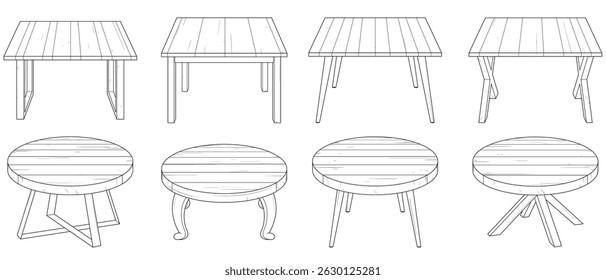 Vector illustration of eight outlined wooden tables. Includes round and square tabletop shapes with different leg styles. Perfect for coloring pages, design mockups, or interior sketches.