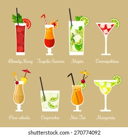 Vector illustration of eight popular alcoholic cocktails: Bloody Mary, Tequila Sunrise, Mojito, Cosmopolitan, Pina Colada, Caipirinha, Mai Tai, Margarita in flat style 