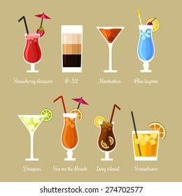 Vector Illustration Of Eight Popular Alcoholic Cocktails: Strawberry Daiquiri, B-52, Manhattan, Blue Lagoon, Daiquiri, Sex On The Beach, Long Island, Screwdriver In Flat Style