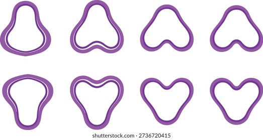 Vector illustration of eight purple organic shapes with smooth curves showing morphological variation in 2x4 grid