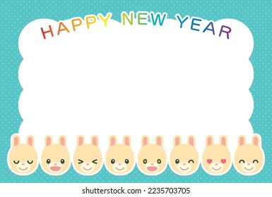 Vector illustration of  Eight rabbits with various expressions and polka dot background photo frame [New year's card template (year of the rabbit)]