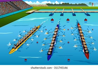 A vector illustration of eight rowers rowing in the competition for sport competition series