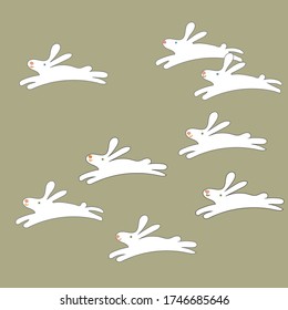 Vector illustration of eight running cute white hares and rabbits. Can be used for prints, cards, decor,textile.