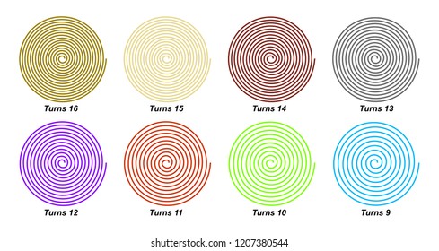 Vector illustration of eight spirals each have different colors and turns.