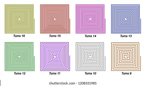 Vector Illustration of eight square spirals each have different turns and colors. Nine to sixteen turns colorful square spiral. 