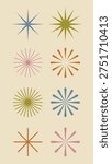 Vector illustration of eight starburst designs in various colors: blue, green, pink, and orange, set against a beige background. Each starburst has a unique style.
