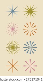 Vector illustration of eight starburst designs in various colors: blue, green, pink, and orange, set against a beige background. Each starburst has a unique style.