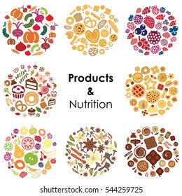 vector illustration of eight types of products fruits vegetables berries bakery spices cookies desserts and chocolate for food store designs