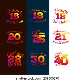 vector illustration eighteenth birthday 16th, 18, 20, 21, 22, 25, 19, 30, 40, greetings colorful geometric pattern 