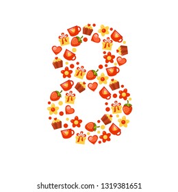 Vector illustration for the eight's of March. Cute number eight from hearts, cups, flowers, presents, strawberries, cupcakes and spots in red and yellow colors. Cartoon greeting card.
