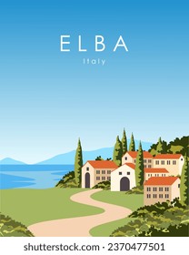 Vector illustration Elba Italy. Design for poster, banner. Travel poster, postcard, banner, background. Vetical poster. Tourism.