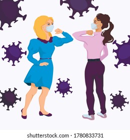 Vector illustration of elbow greeting. Two girls are saying hello in a new normal way. Keep distance and wear face mask is important to stop virus. 