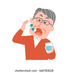 vector illustration of an elder man taking medicines