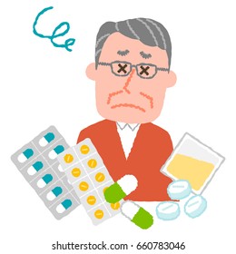 vector illustration of an elder man who are tired of many medicines