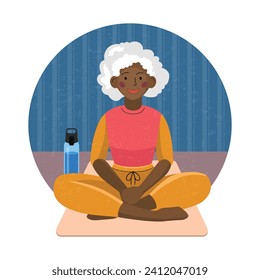 Vector illustration of elderly african american woman with gray hair sitting crossed legs on a sport mat with water bottle. Healthy aging longevity, hormonal balance, staying active in menopause