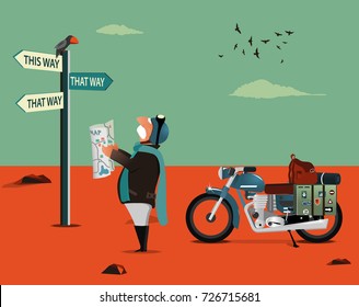 Vector illustration of elderly biker standing with map at post and navigating. Character 
vector illustration.
