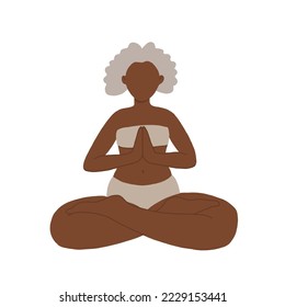 Vector illustration of an elderly black woman doing yoga. The concept of a healthy lifestyle, sports and meditation in old age. AdventureIsAgeless in lotus pose.