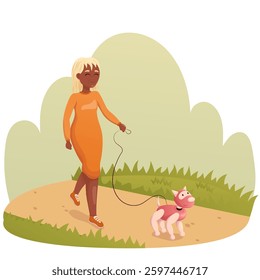 Vector illustration of an elderly black woman walking with a robot dog