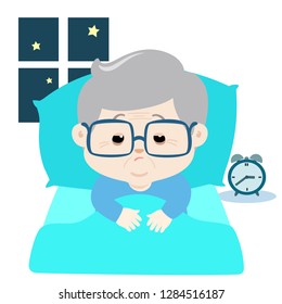 Vector illustration of elderly 
cartoon character suffer from insomnia.