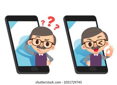 Vector illustration of elderly character with smart phone