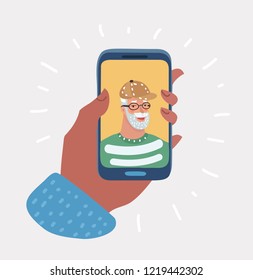 Vector illustration of elderly character with smart phone. Face on display. Smatphone in hands. Object on white bakcground.