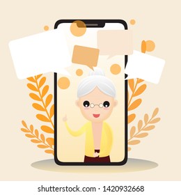 Vector illustration of elderly character with smart phone. Old aged family couple man & woman communication using smart phone video call. Elderly people talking. vector,illustration.
