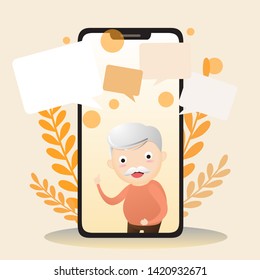 Vector illustration of elderly character with smart phone. Old aged family couple man & woman communication using smart phone video call. Elderly people talking. vector,illustration.
