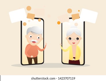 Vector illustration of elderly character with smart phone. Old aged family couple man & woman communication using smart phone video call. Elderly people talking. vector,illustration.