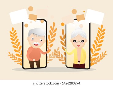 Vector illustration of elderly character with smart phone. Old aged family couple man & woman communication using smart phone video call. Elderly people talking. vector,illustration.
